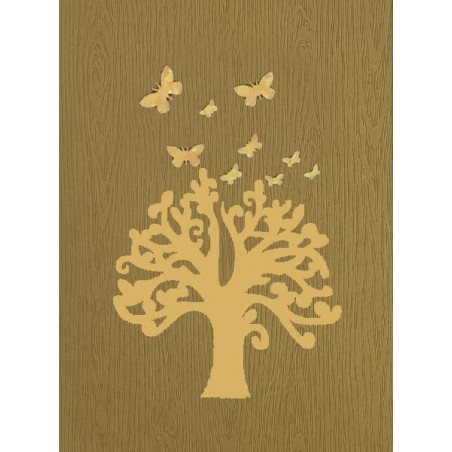Copertina legno chiaro con albero e farfalle ritagliati