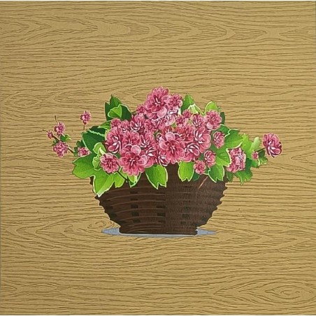 Copertina effetto legno chiaro con illustrazione di cestino marrone pieno di fiori rosa