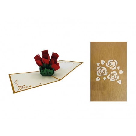 Vista combinata: biglietto pop-up 3D con bouquet di rose rosse aperto accanto alla copertina decorata.
