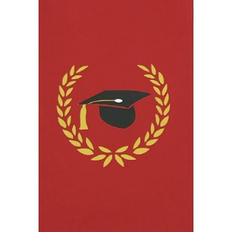 Copertina biglietto rosso con corona d’alloro e tocco nero