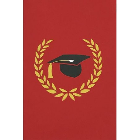 Copertina biglietto rosso con corona d’alloro e tocco nero