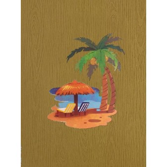 Copertina biglietto vacanze con palma e sdraio su fondo legno