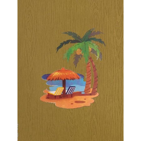 Copertina biglietto vacanze con palma e sdraio su fondo legno
