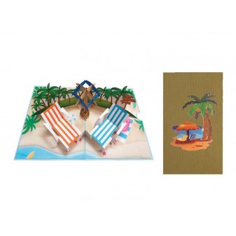 Interno biglietto pop-up spiaggia con ombrellone, mare e vegetazione