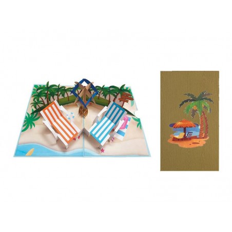 Interno biglietto pop-up spiaggia con ombrellone, mare e vegetazione