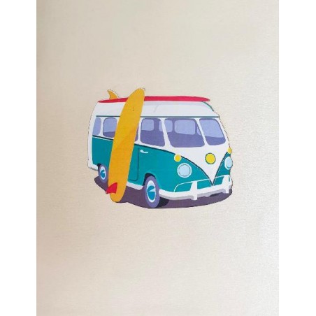 Copertina biglietto con van e tavola da surf gialla