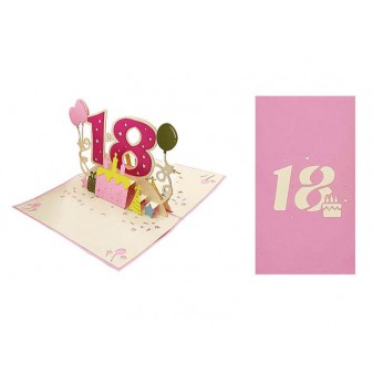 Biglietto 18 anni lei pop-up rosa con torta e palloncini tridimensionali