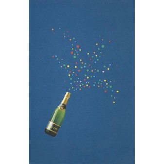 Copertina Blu Biglietto Champagne con bottiglia che spruzza coriandoli colorati