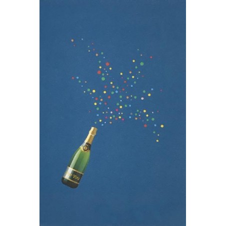 Copertina Blu Biglietto Champagne con bottiglia che spruzza coriandoli colorati