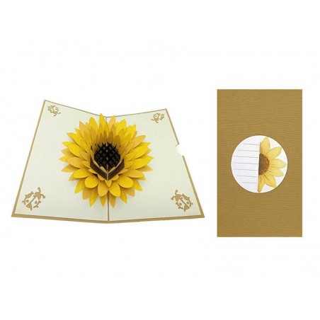 Vista completa Biglietto Girasole Pop-up 3D aperto e chiuso