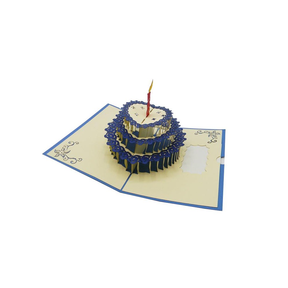 Biglietto aperto con torta 3D a cuore blu e candela rossa