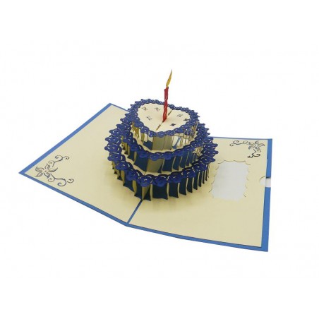 Biglietto aperto con torta 3D a cuore blu e candela rossa