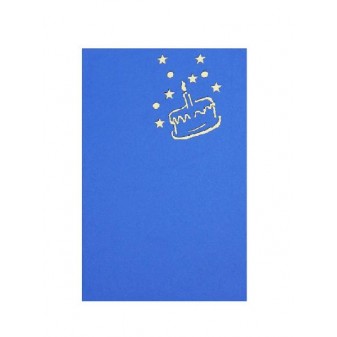 Biglietto compleanno pop-up blu con torta e stelle in rilievo