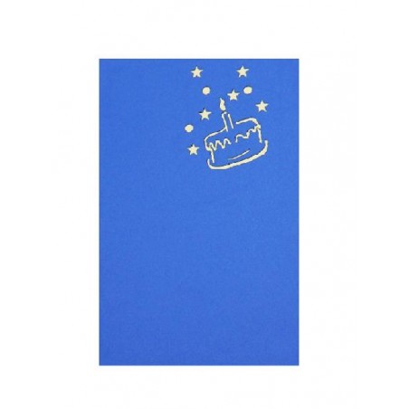 Biglietto compleanno pop-up blu con torta e stelle in rilievo