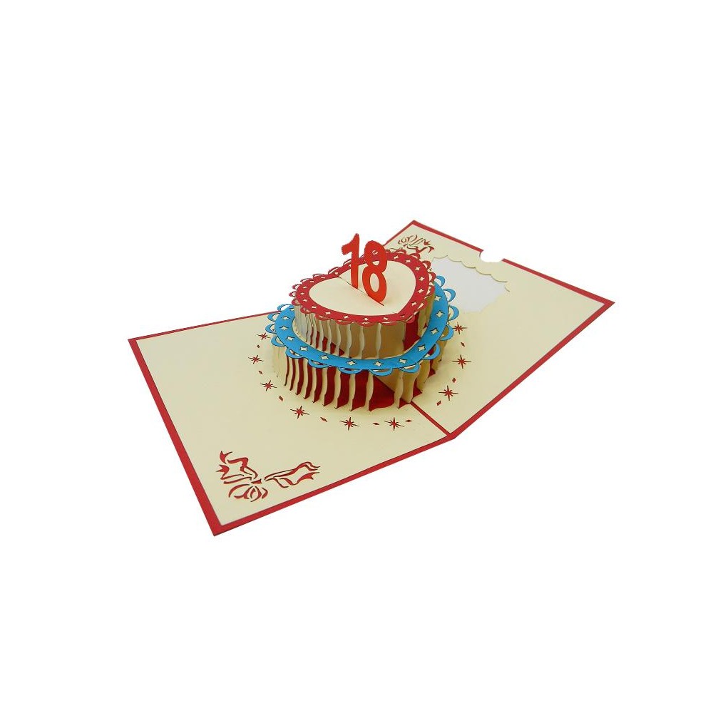 Biglietto 3D con torta popup e numero 18