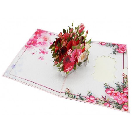 Biglietto pop-up 3D cesto di rose colorate su sfondo floreale