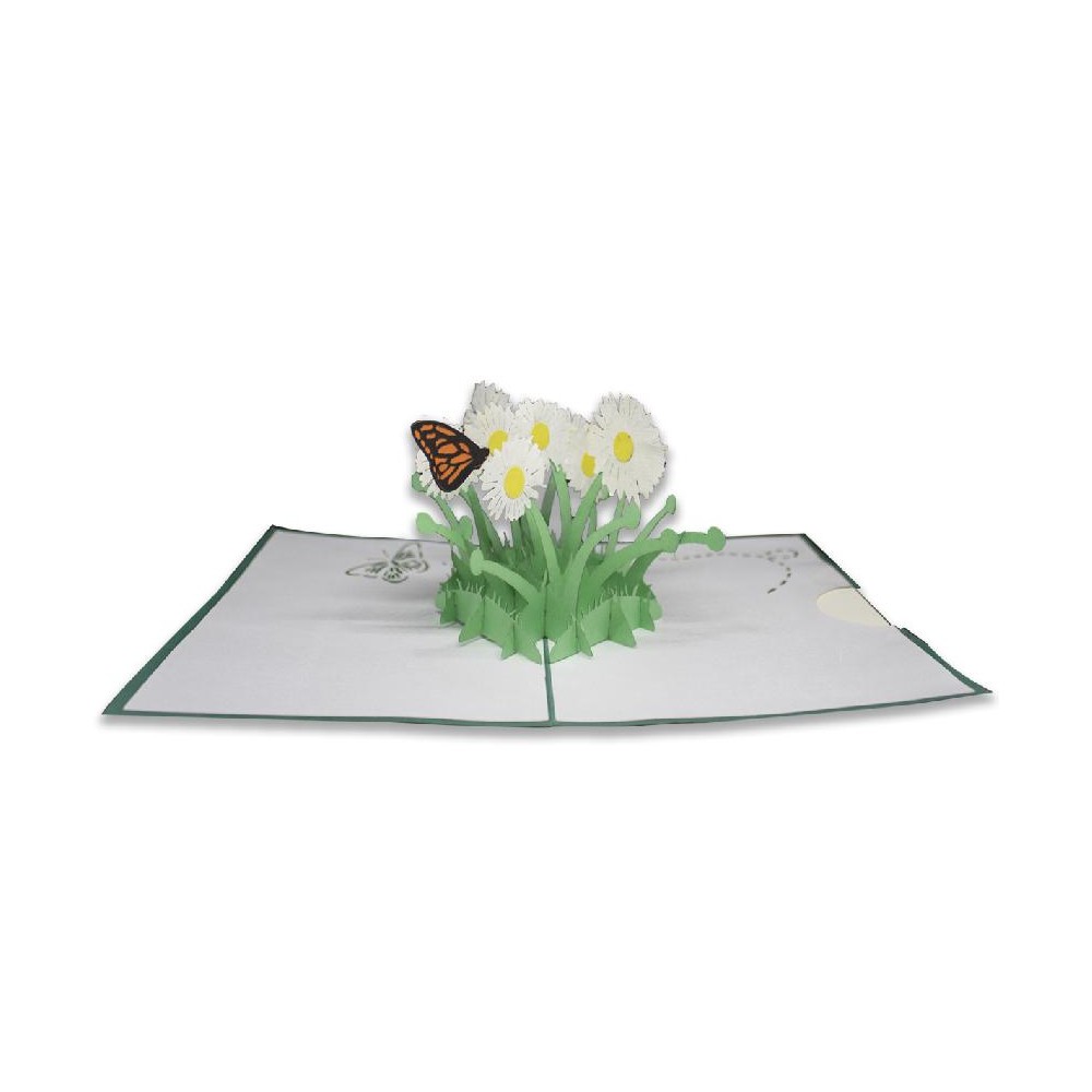 Biglietto Origami 3D aperto con margherite in rilievo e farfalla arancione