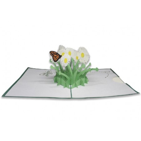 Biglietto Origami 3D aperto con margherite in rilievo e farfalla arancione