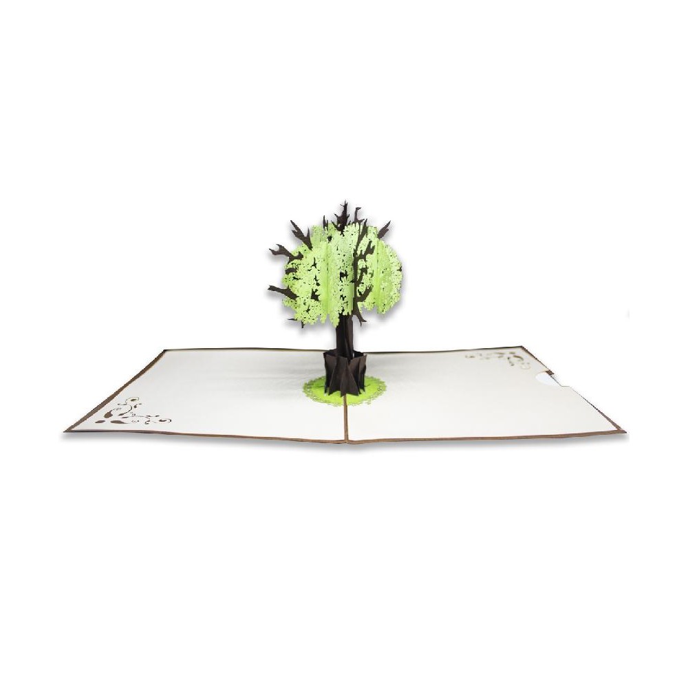Alt immagine biglietto aperto: Biglietto Origami Albero della Vita aperto con effetto popup 3D verde