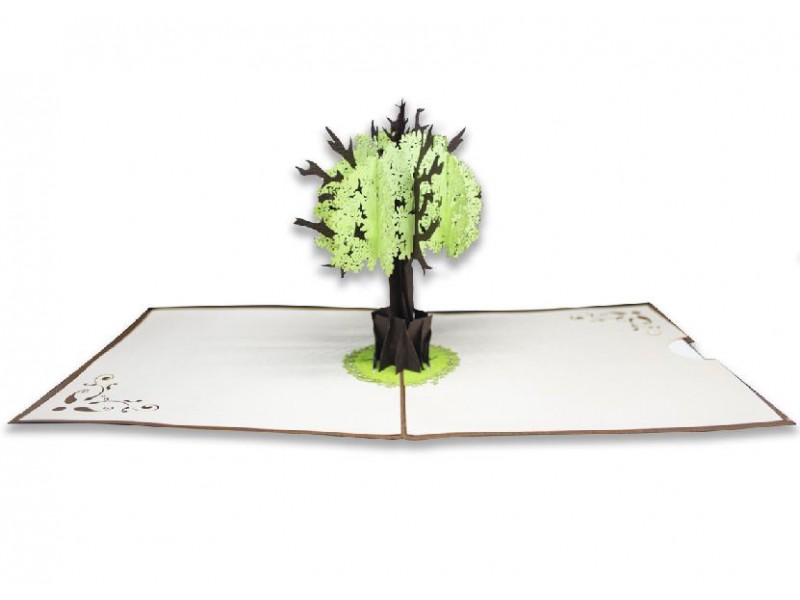 Alt immagine biglietto aperto: Biglietto Origami Albero della Vita aperto con effetto popup 3D verde