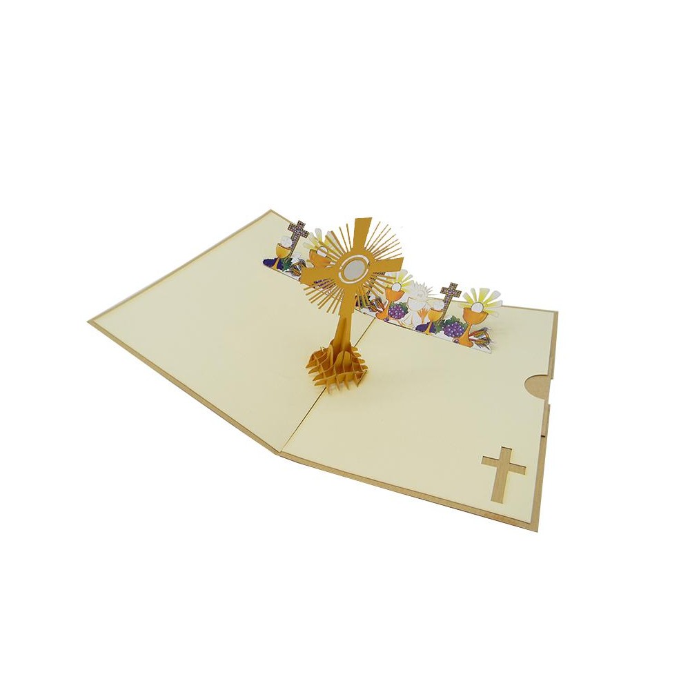 Biglietto Origami 3D Prima Comunione aperto con ostensorio e simboli religiosi tridimensionali