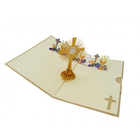 Biglietto Origami 3D Prima Comunione aperto con ostensorio e simboli religiosi tridimensionali