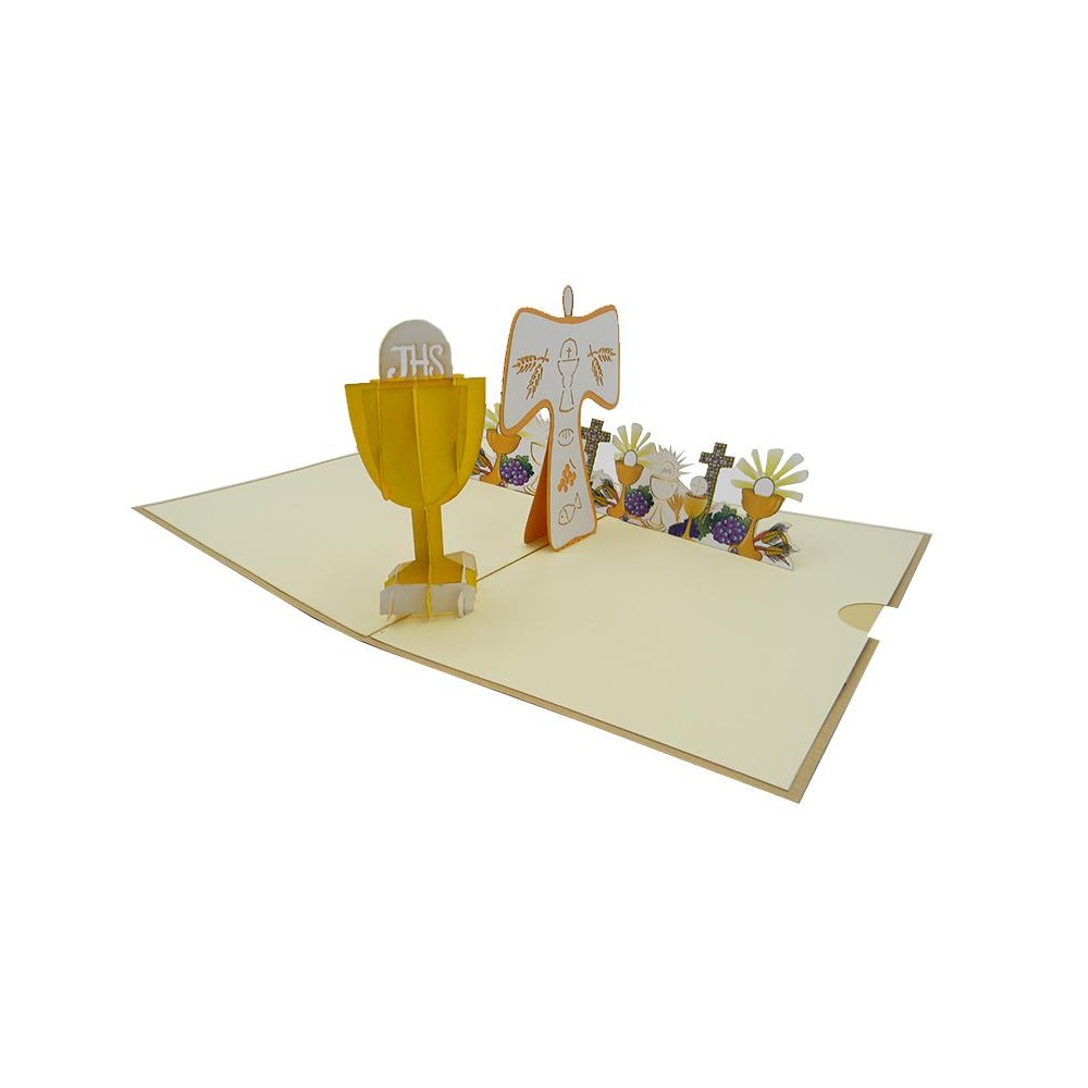 1. Biglietto Prima Comunione pop-up con calice e simboli religiosi 3D