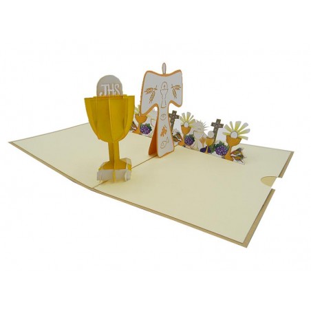 1. Biglietto Prima Comunione pop-up con calice e simboli religiosi 3D