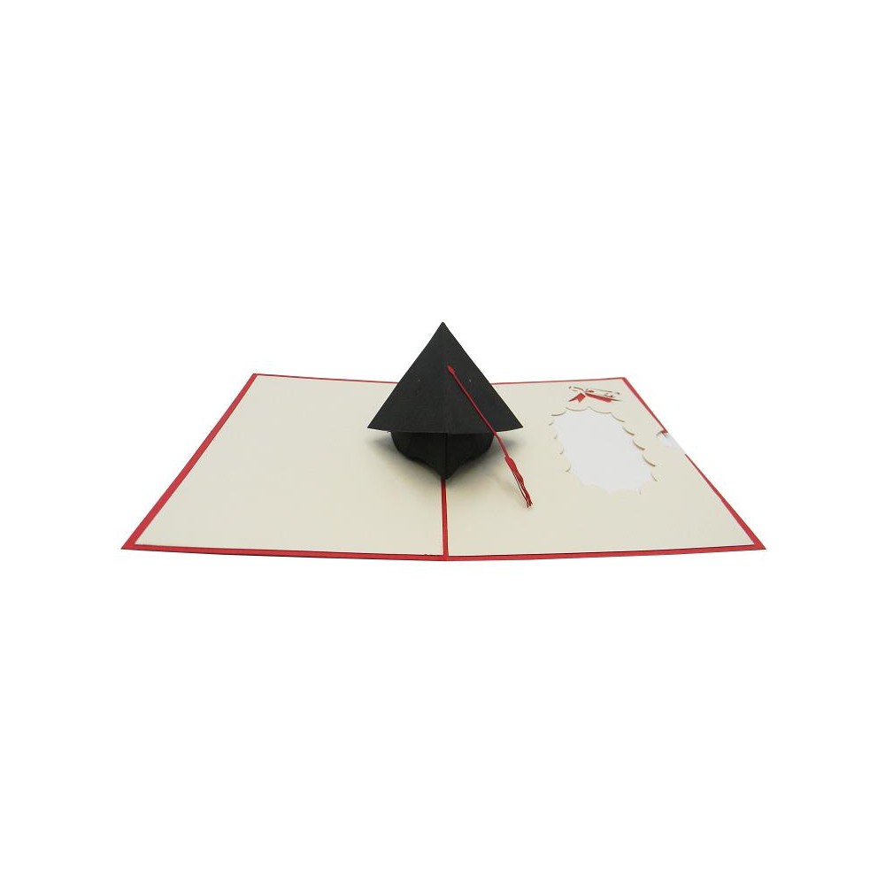 Biglietto Origami 3D La Laurea aperto con tocco nero e nappa rossa tridimensionale