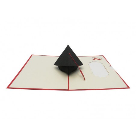 Biglietto Origami 3D La Laurea aperto con tocco nero e nappa rossa tridimensionale
