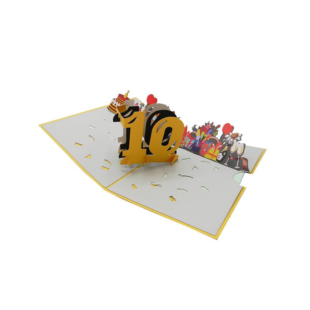 Interno pop-up 3D con numero 10, torta, regali e decorazioni festa