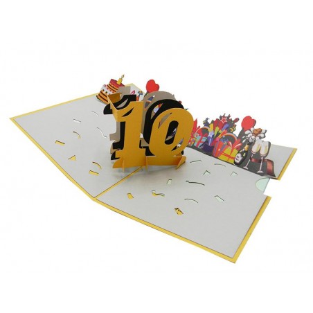 Interno pop-up 3D con numero 10, torta, regali e decorazioni festa