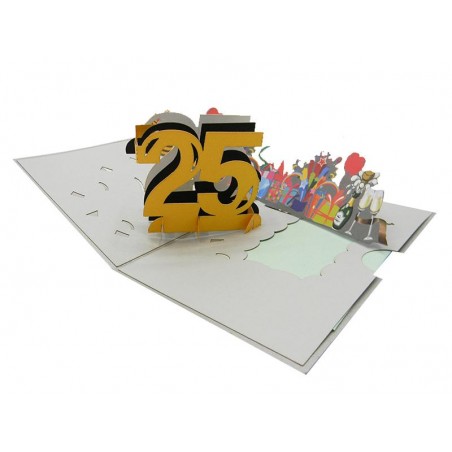Biglietto aperto con numero 25 in 3D e sfondo festoso con regali e champagne
