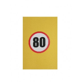 Copertina gialla biglietto 80 Anni con numero in stile segnale stradale
