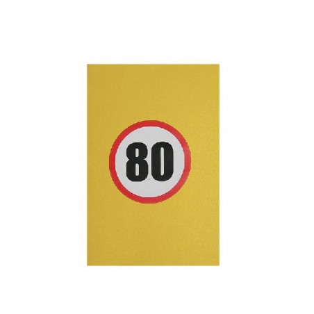 Copertina gialla biglietto 80 Anni con numero in stile segnale stradale