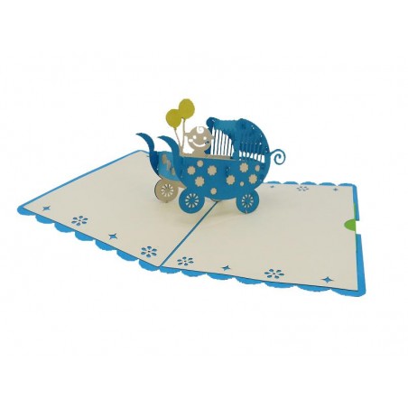 Biglietto pop-up aperto con carrozzina azzurra 3D e palloncini
