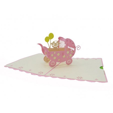 Biglietto pop-up aperto con carrozzina rosa 3D e neonato con palloncini