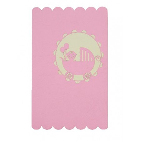 Biglietto nascita bambina con carrozzina rosa stilizzata su fondo pastello