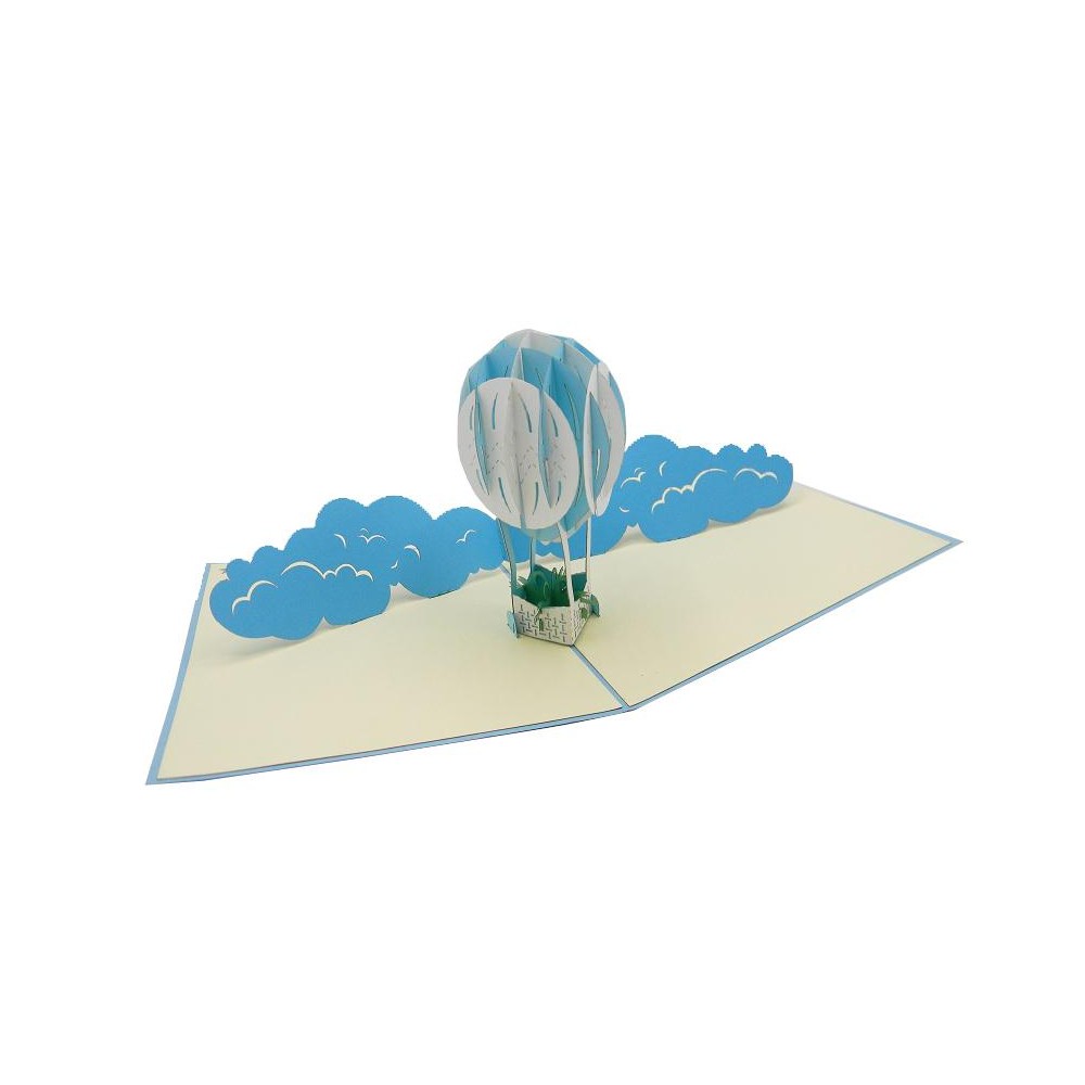 Biglietto Auguri Pop-up 3D con mongolfiera azzurra tra le nuvole