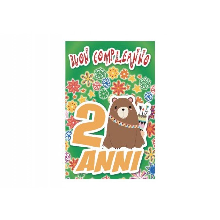 Biglietto compleanno 2 anni orsetto e fiori colorati