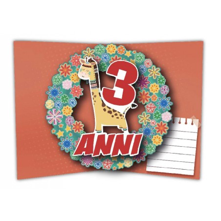 Interno biglietto pop-up 3D con giraffa e fiori colorati – compleanno bambini