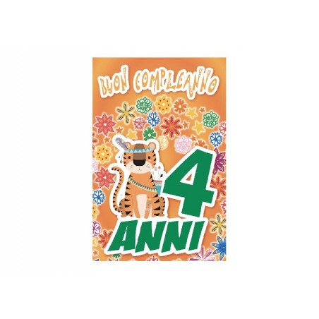 Biglietto di compleanno pop-up con tigre e fiori per i 4 anni