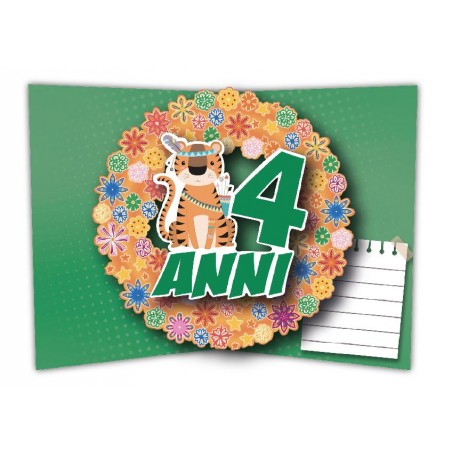 Interno pop-up tridimensionale con tigre, “4 Anni” e ghirlanda di fiori