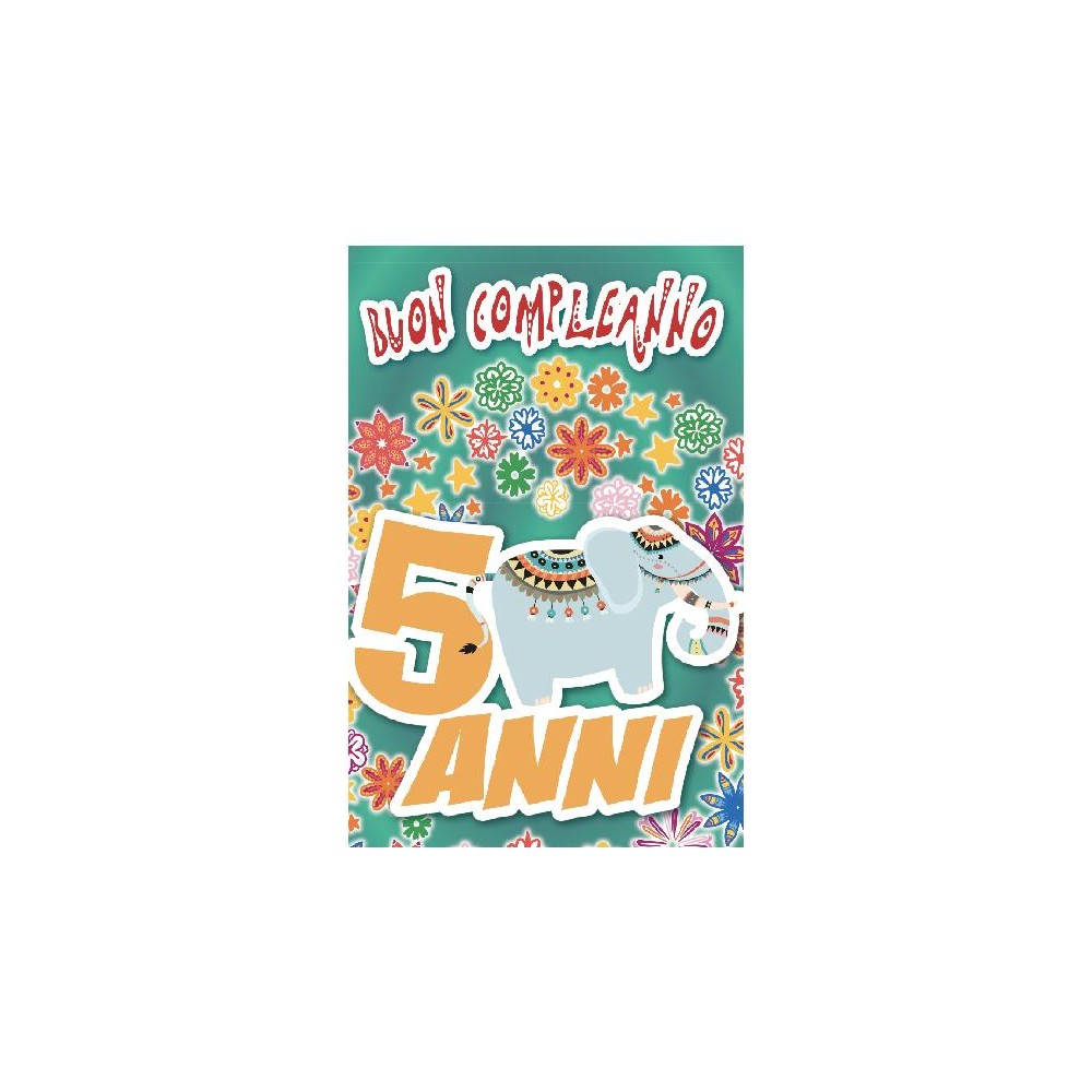 Biglietto compleanno 5 anni elefante decorato pop-up 3D verde