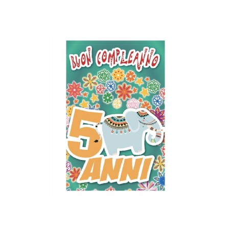 Biglietto compleanno 5 anni elefante decorato pop-up 3D verde