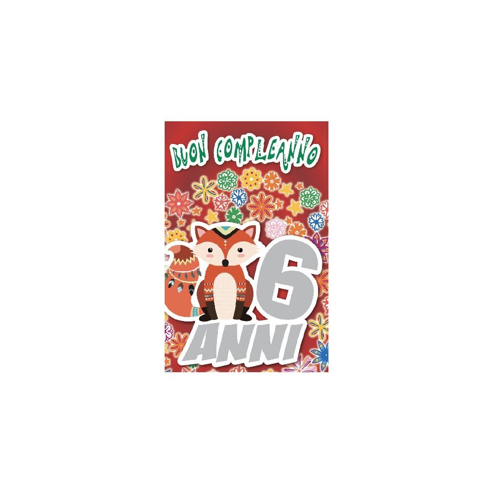 Biglietto di compleanno 6 anni con volpe e fiori rossi pop-up