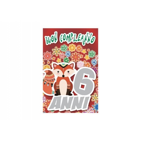 Biglietto di compleanno 6 anni con volpe e fiori rossi pop-up