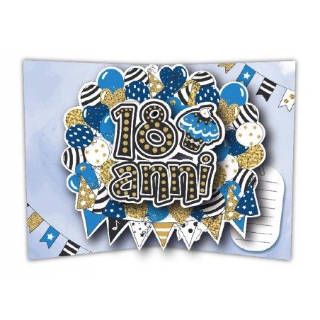 Interno biglietto pop-up 3D “18 anni” con festa e decorazioni