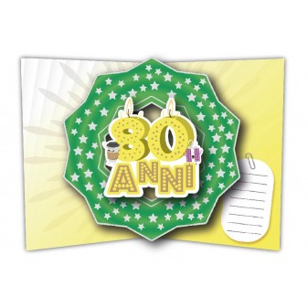 Interno pop-up 3D con candeline, regali e numero 80 centrale