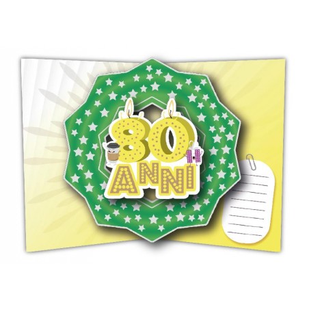 Interno pop-up 3D con candeline, regali e numero 80 centrale